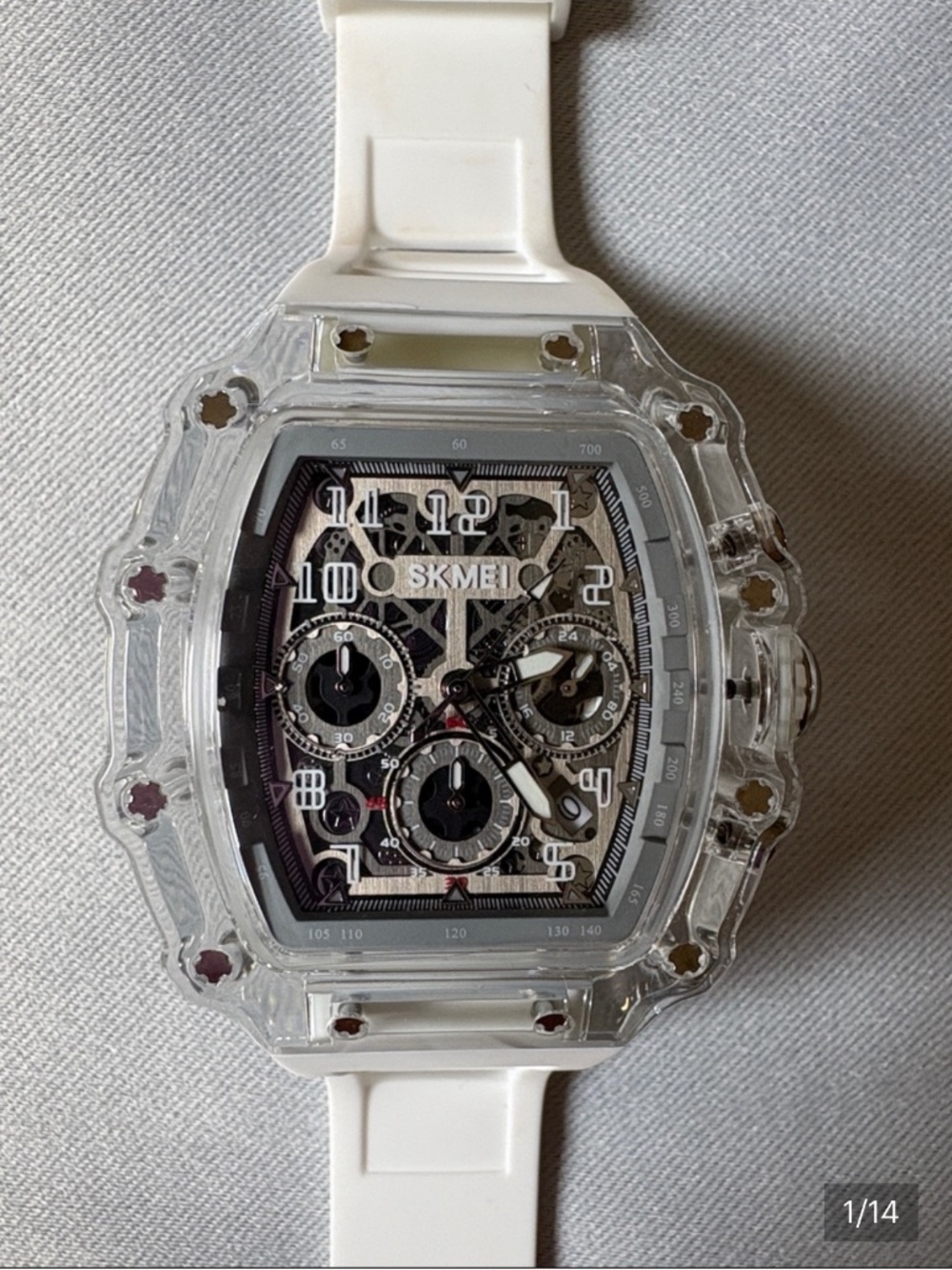 TRANSPARENT BARREL CASE WHITE STRAP SKELETON DIAL WATCH